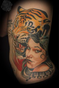 Girl and Tiger Side tattoo by Justin Acca