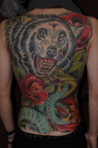 NeoTrad Wolf and Cobra and Rose backpiece by Justin Acca