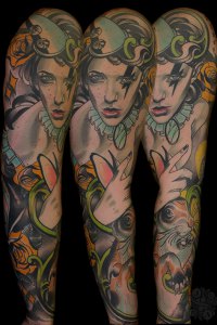 Neo Traditional neotrad Circus Themed sleeve feminine by Justin Acca