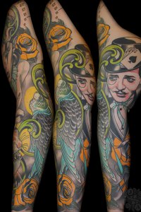 circus themed sleeve magician and bird in colour by justin acca feminine