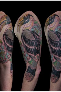 HornBill tattoo sleeve by Justin Acca