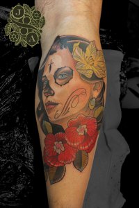 day of the dead lady head in colour tattoo by justin acca