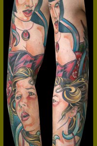 Sub and dom sleeve tattoo by Justin Acca modeled by Lucia Mocnay