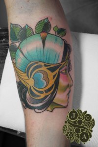 art nouveau lady headpiece tattoo by Justin Acca