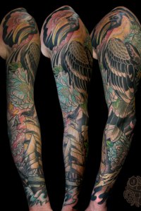 Neo traditional Tattoo by Justin Acca of Sailing Ship and large bird