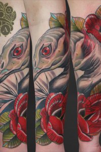 neo traditional vulturine guinea fowl with flowers tattoo by justin acca