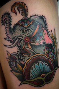 decorated elephant tattoo by brendan courts